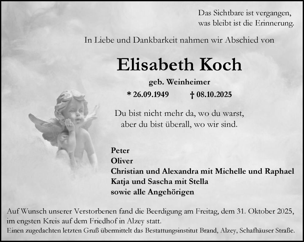  Traueranzeige für Elisabeth Koch vom 08.11.2025 aus Allgemeine Zeitung Alzey