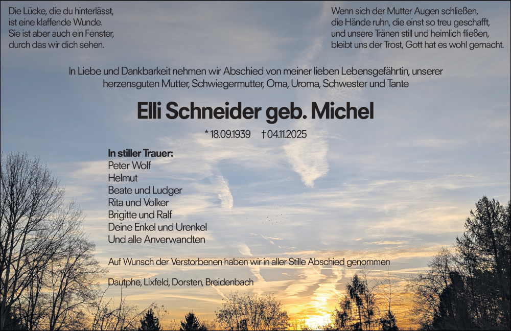  Traueranzeige für Elli Schneider vom 14.11.2025 aus Hinterländer Anzeiger