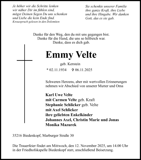 Traueranzeige von Emmy Velte von Hinterländer Anzeiger