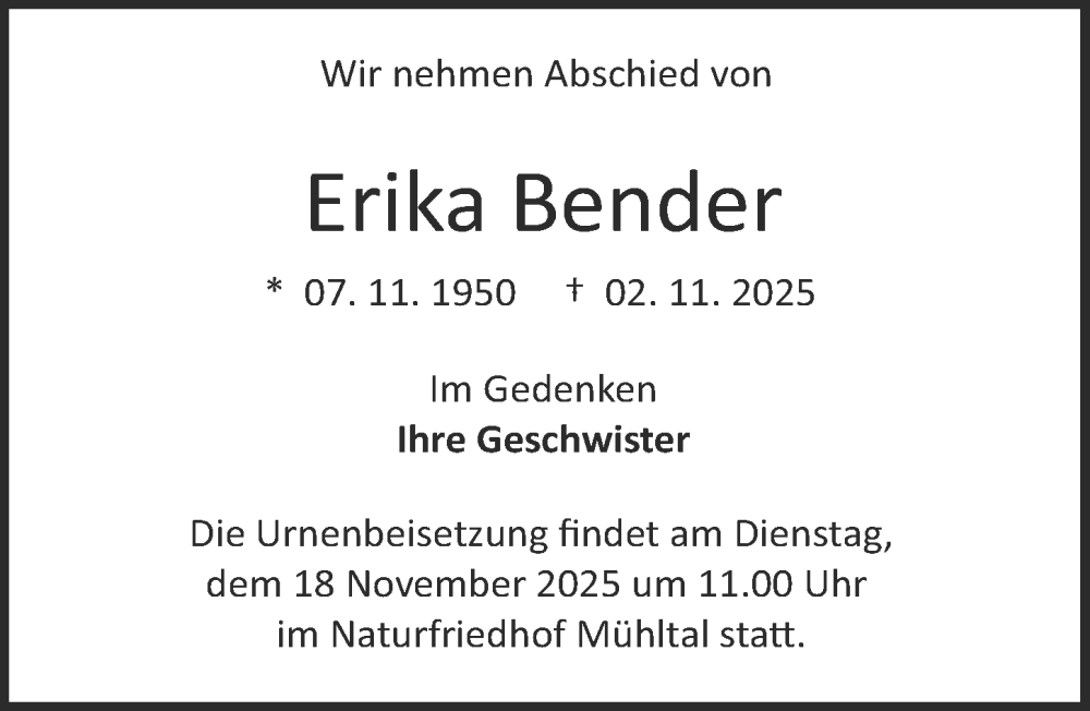  Traueranzeige für Erika Bender vom 15.11.2025 aus Darmstädter Echo