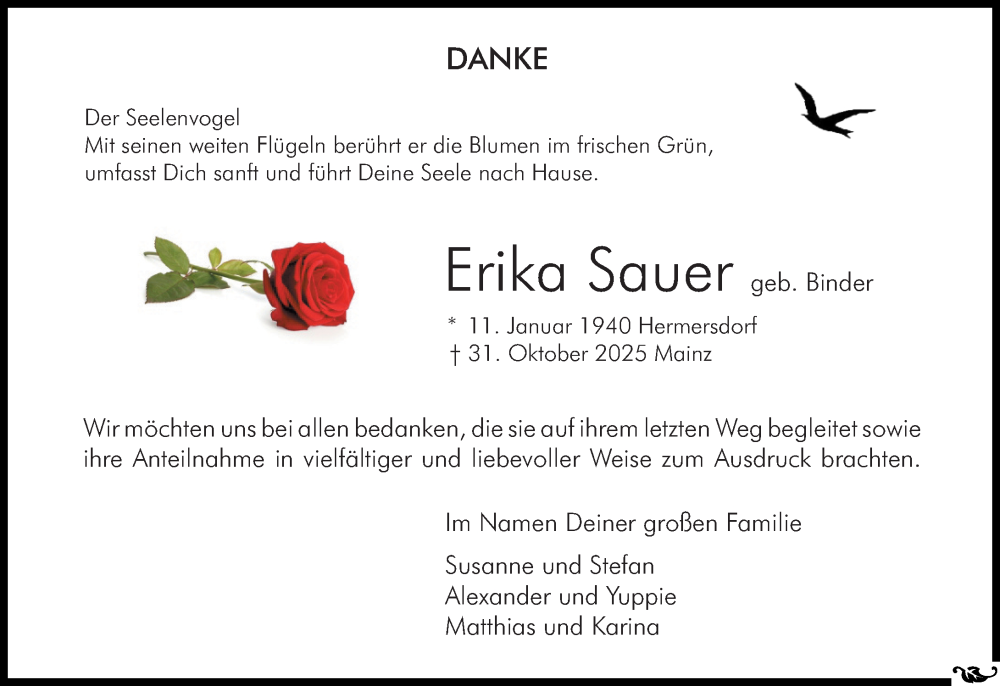  Traueranzeige für Erika Sauer vom 29.11.2025 aus Allgemeine Zeitung Mainz
