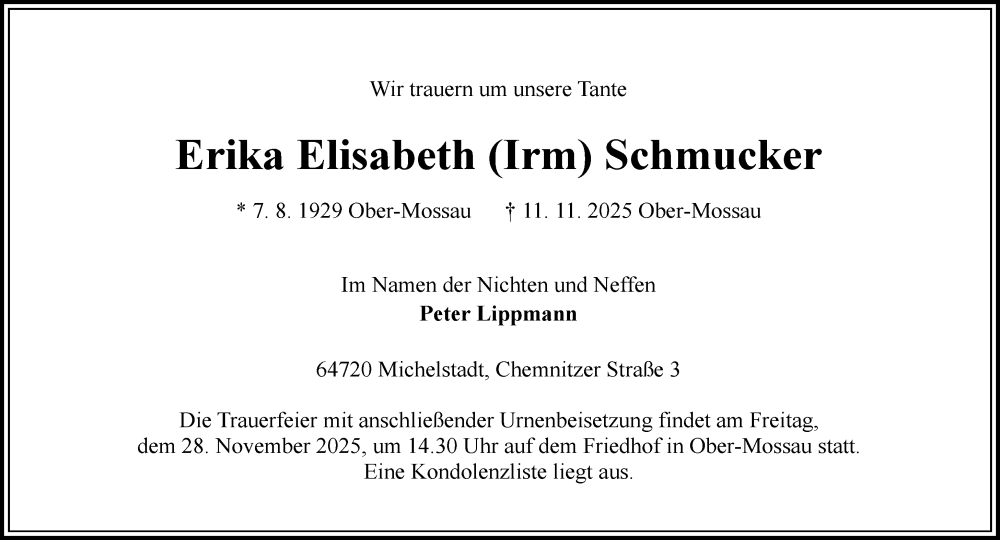  Traueranzeige für Erika Elisabeth Schmucker vom 22.11.2025 aus Odenwälder Echo