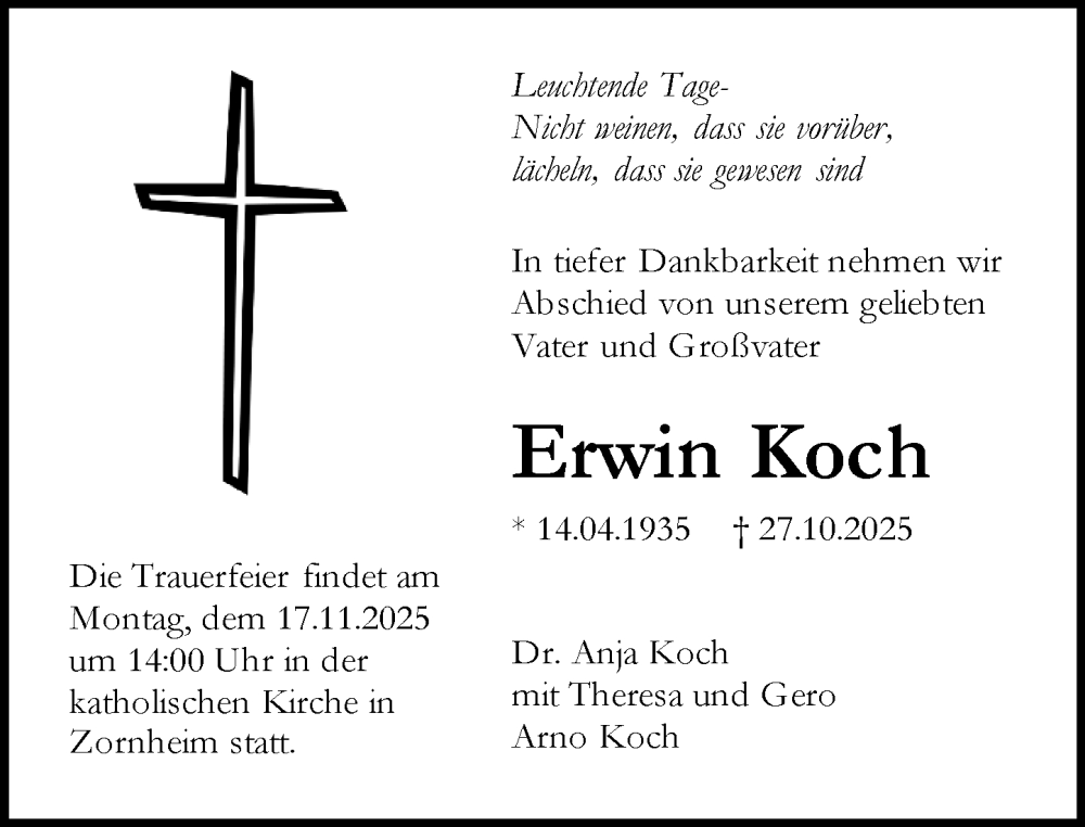  Traueranzeige für Erwin Koch vom 08.11.2025 aus Allgemeine Zeitung Mainz