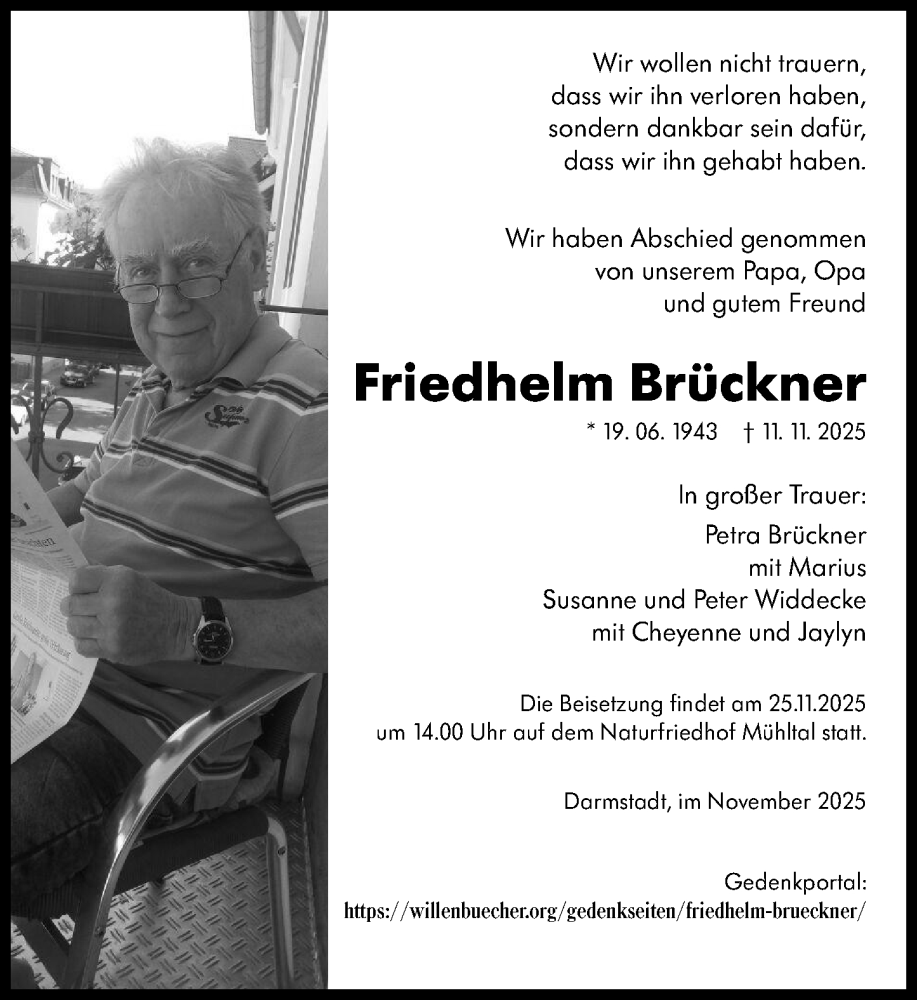  Traueranzeige für Friedhelm Brückner vom 22.11.2025 aus Darmstädter Echo