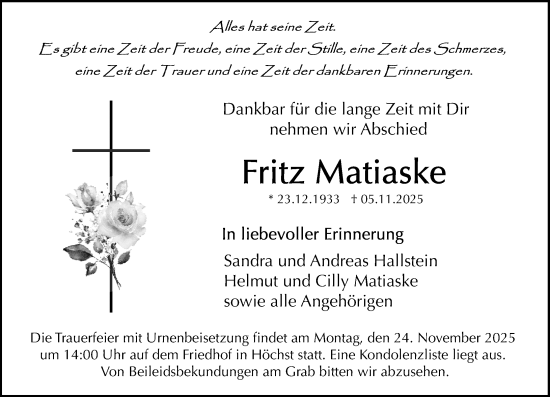 Traueranzeige von Fritz Matiaske von Odenwälder Echo