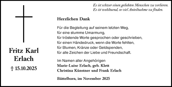 Traueranzeige von Fritz Karl Erlach von Groß-Gerauer Echo