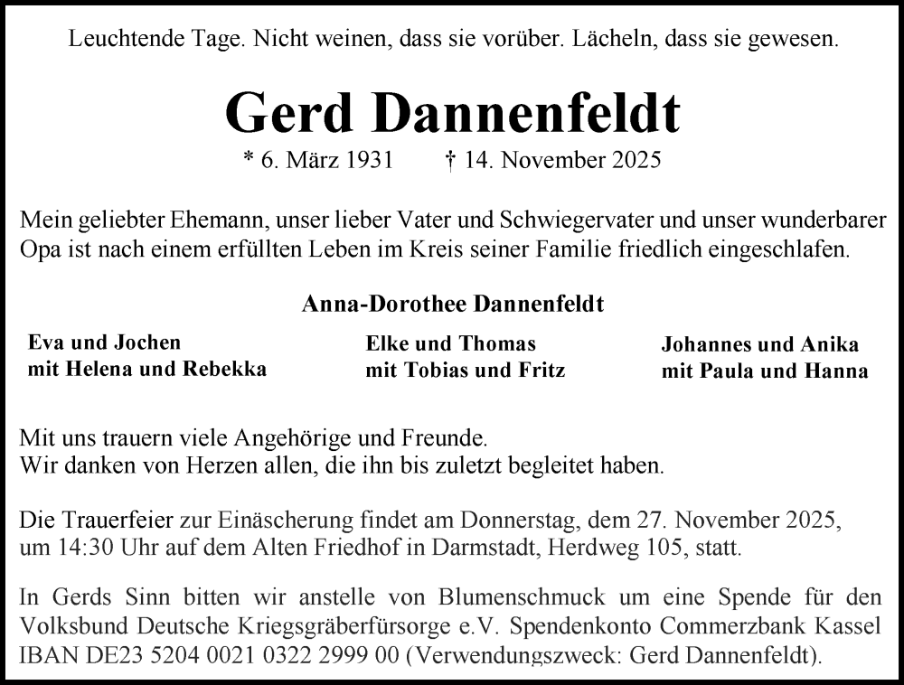  Traueranzeige für Gerd Dannenfeldt vom 22.11.2025 aus Darmstädter Echo