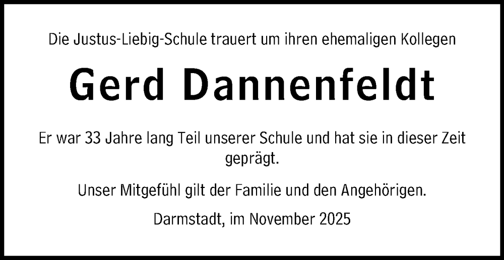  Traueranzeige für Gerd Dannenfeldt vom 26.11.2025 aus Darmstädter Echo