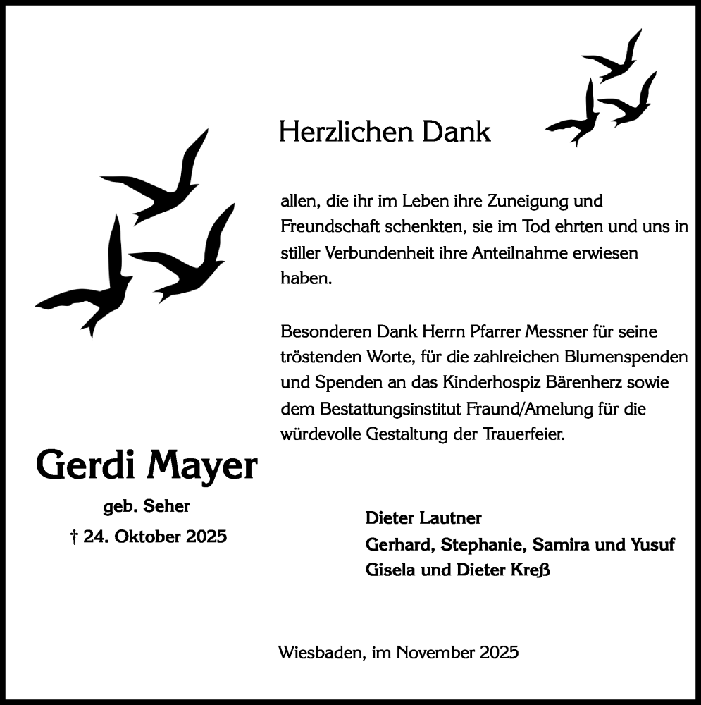  Traueranzeige für Gerdi Mayer vom 29.11.2025 aus Wiesbadener Kurier