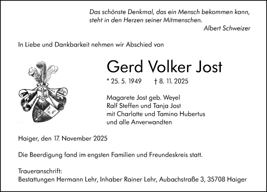 Traueranzeige von Gerd Volker Jost von Dill Block