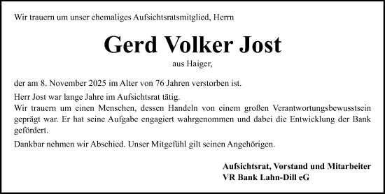 Traueranzeige von Gerd Volker Jost von Dill Block
