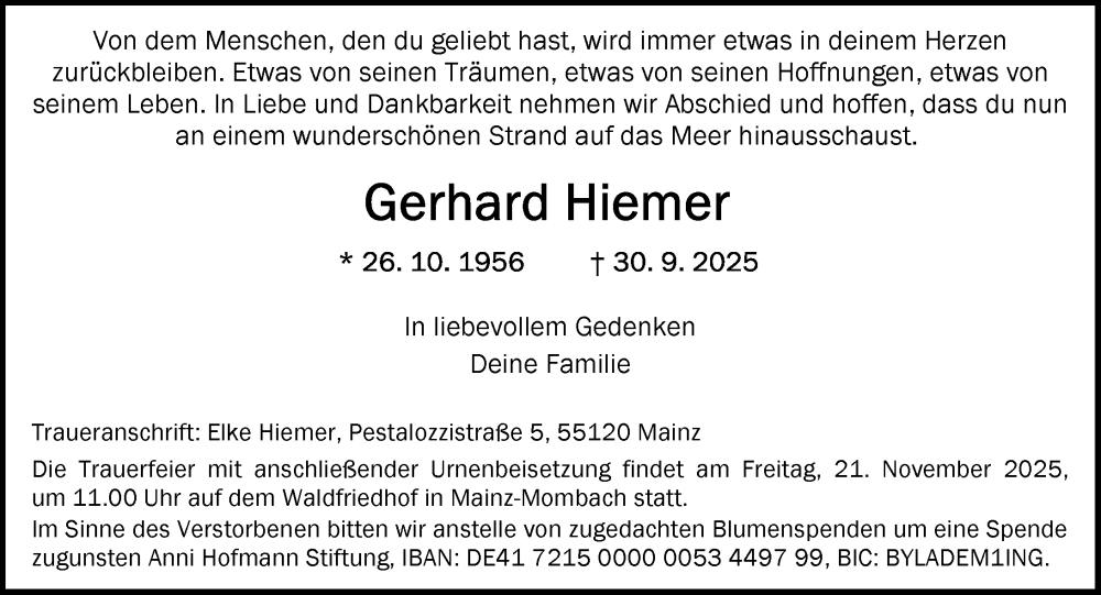  Traueranzeige für Gerhard Hiemer vom 08.11.2025 aus Allgemeine Zeitung Mainz