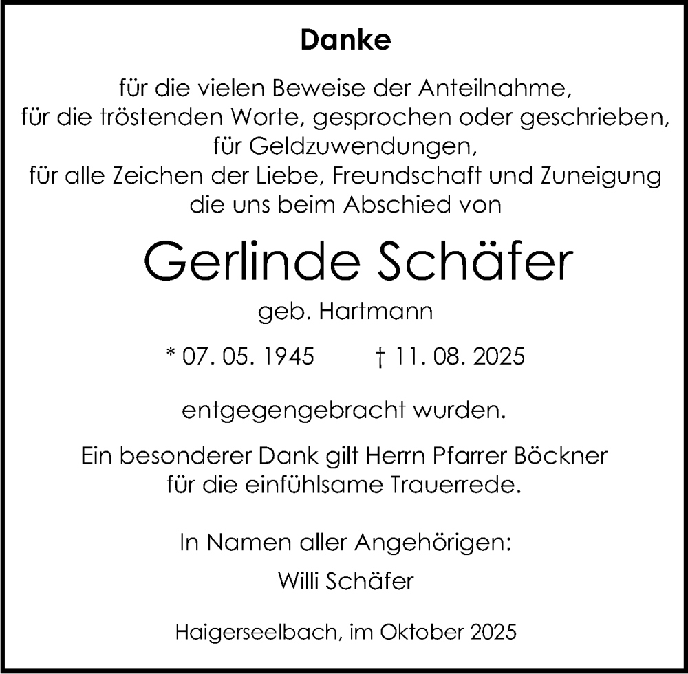 Traueranzeige für Gerlinde Schäfer vom 11.10.2025 aus Dill Block