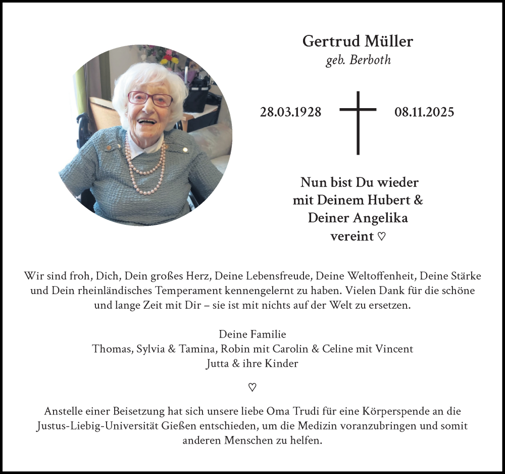  Traueranzeige für Gertrud Müller vom 13.11.2025 aus Camberger Anzeiger