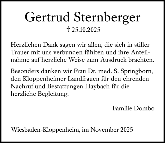 Traueranzeige von Gertrud Sternberger von Wiesbadener Kurier