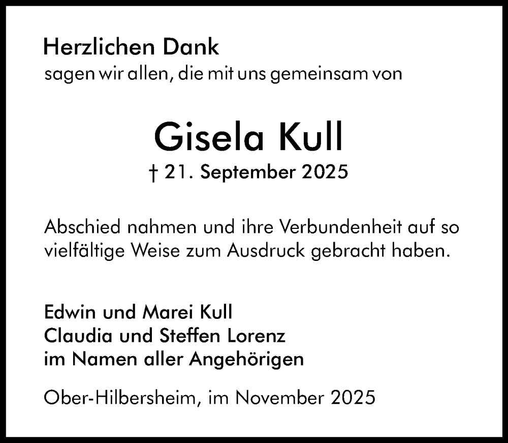  Traueranzeige für Gisela Kull vom 08.11.2025 aus Allgemeine Zeitung Rheinhessen-Nahe