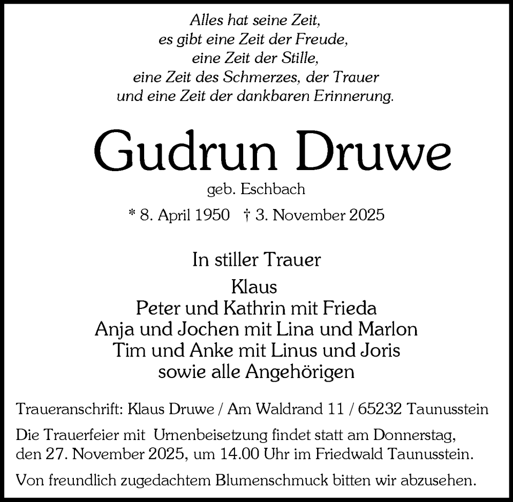  Traueranzeige für Gudrun Druwe vom 15.11.2025 aus Wiesbadener Kurier