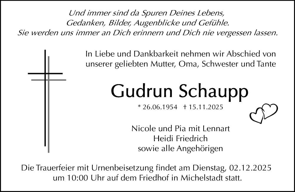  Traueranzeige für Gudrun Schaupp vom 29.11.2025 aus Odenwälder Echo