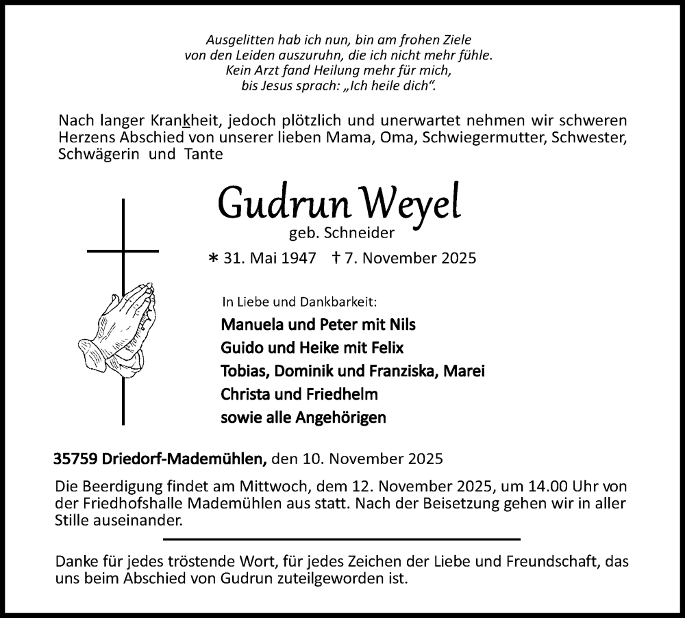  Traueranzeige für Gudrun Weyel vom 11.11.2025 aus Dill Block
