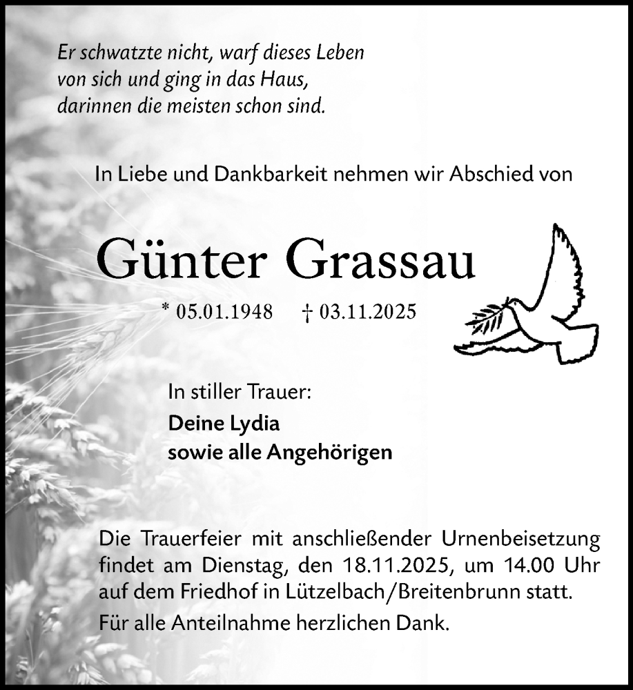  Traueranzeige für Günter Grassau vom 08.11.2025 aus Odenwälder Echo