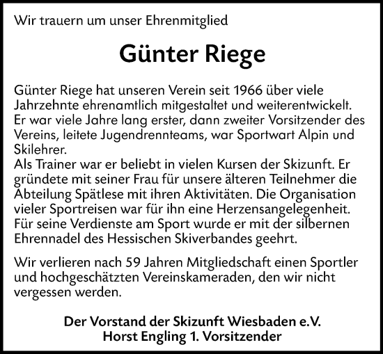Traueranzeige von Günter Riege von Wiesbadener Kurier
