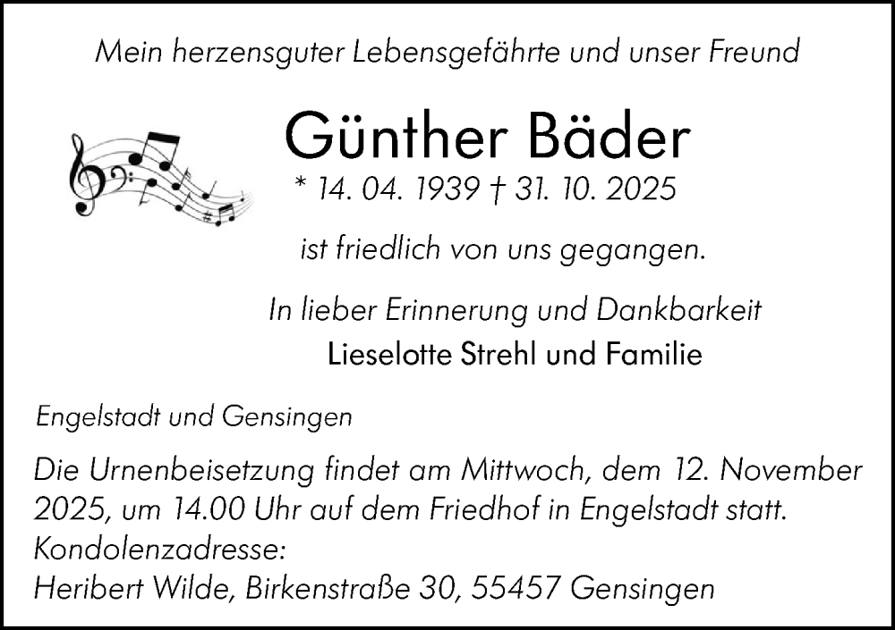  Traueranzeige für Günther Bäder vom 08.11.2025 aus Binger-/Ingelheimer Wochenblatt