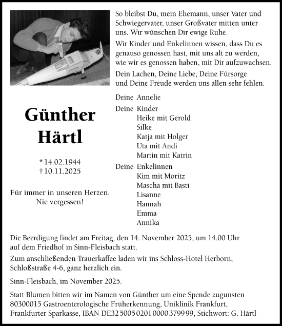 Traueranzeige von Günther Härtl von Dill Block