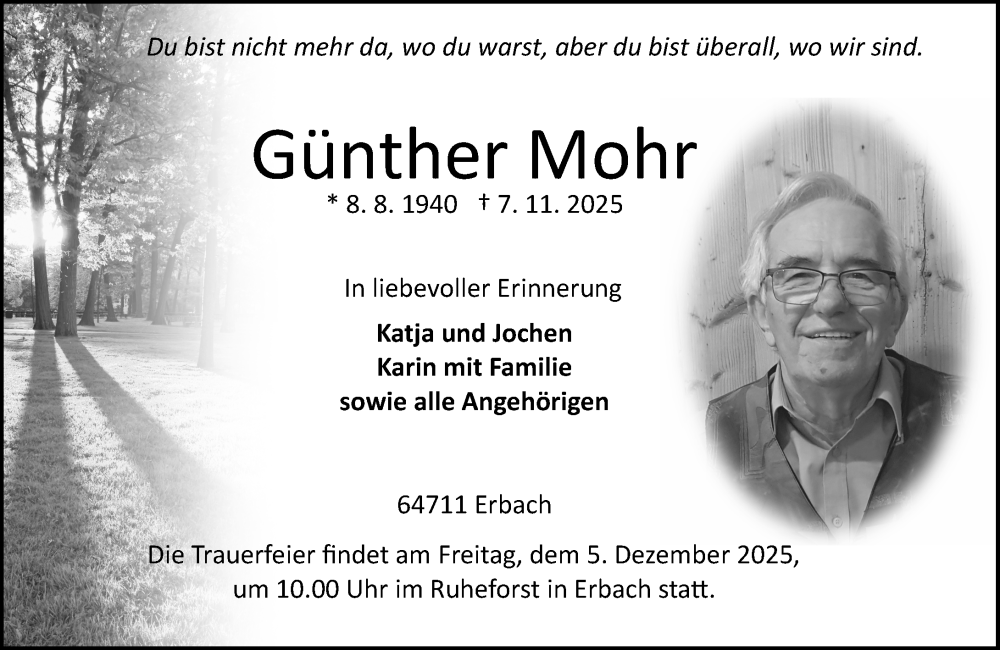  Traueranzeige für Günther Mohr vom 15.11.2025 aus Odenwälder Echo