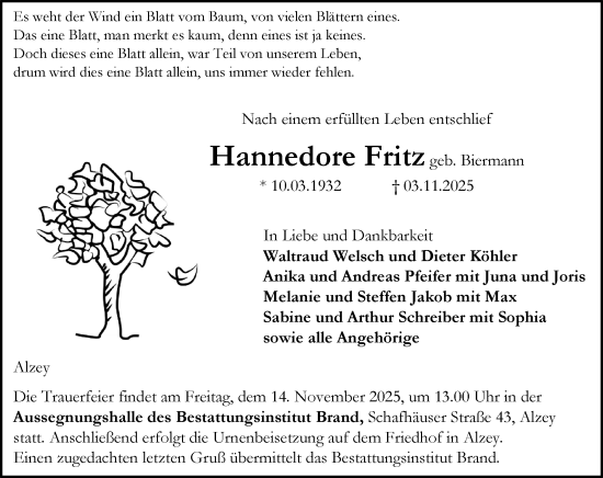 Traueranzeige von Hannedore Fritz von Allgemeine Zeitung Alzey
