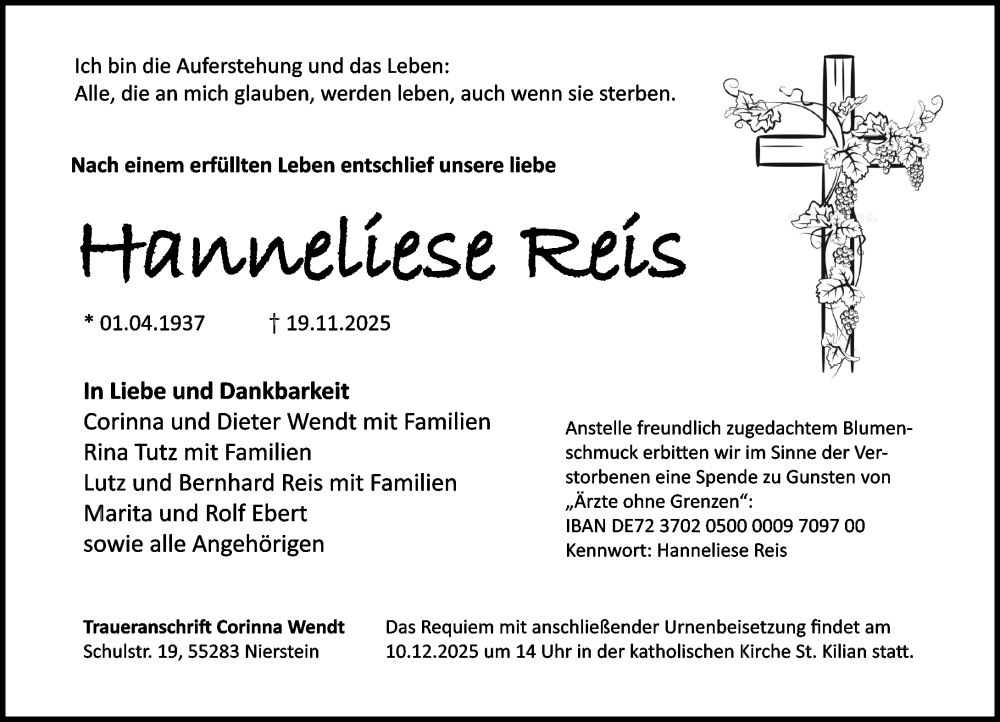  Traueranzeige für Hanneliese Reis vom 29.11.2025 aus Allgemeine Zeitung Mainz