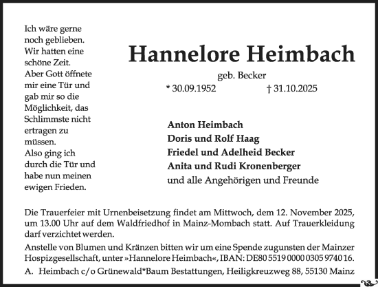 Traueranzeige von Hannelore Heimbach von Allgemeine Zeitung Mainz