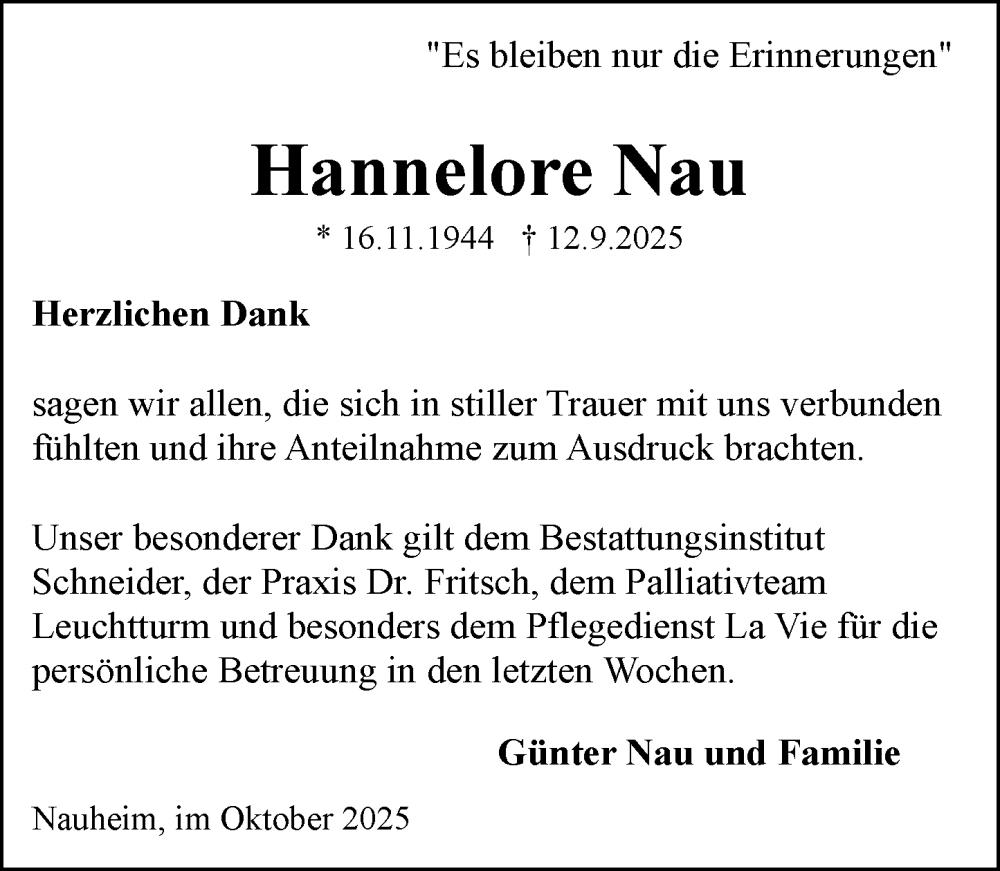  Traueranzeige für Hannelore Nau vom 11.10.2025 aus Rüsselsheimer Echo