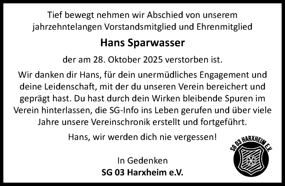  Traueranzeige für Hans Sparwasser vom 03.11.2025 aus Allgemeine Zeitung Mainz