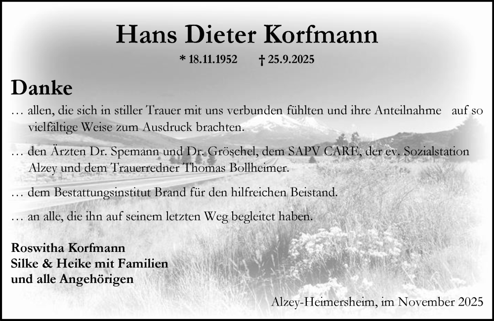  Traueranzeige für Hans Dieter Korfmann vom 22.11.2025 aus Allgemeine Zeitung Alzey