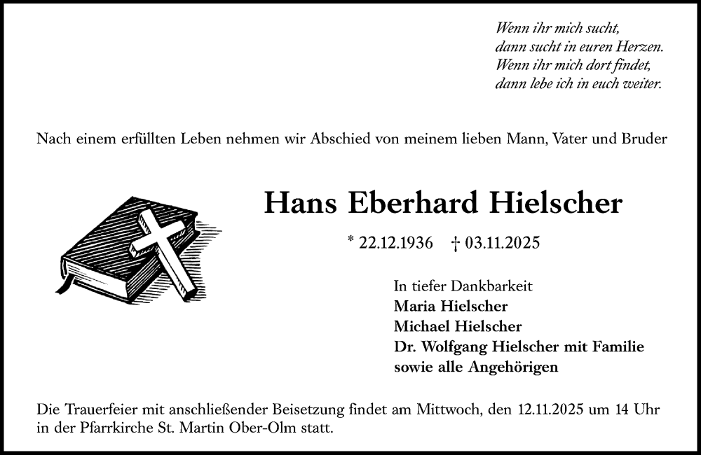  Traueranzeige für Hans Eberhard Hielscher vom 08.11.2025 aus Allgemeine Zeitung Mainz