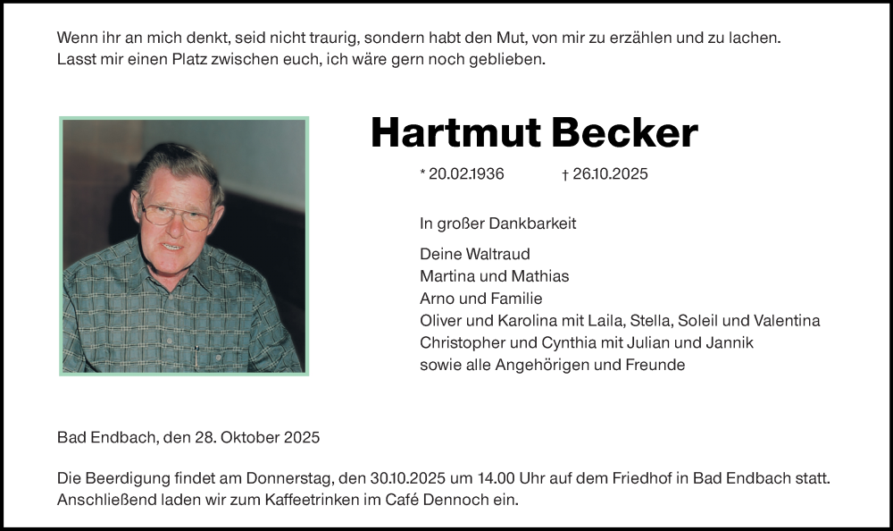  Traueranzeige für Hartmut Becker vom 28.10.2025 aus Hinterländer Anzeiger
