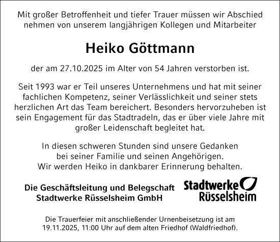 Traueranzeige von Heiko Göttmann von Rüsselsheimer Echo