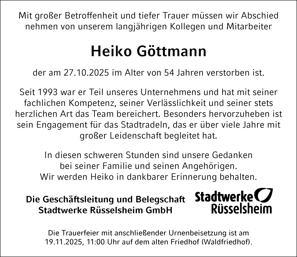  Traueranzeige für Heiko Göttmann vom 08.11.2025 aus Rüsselsheimer Echo