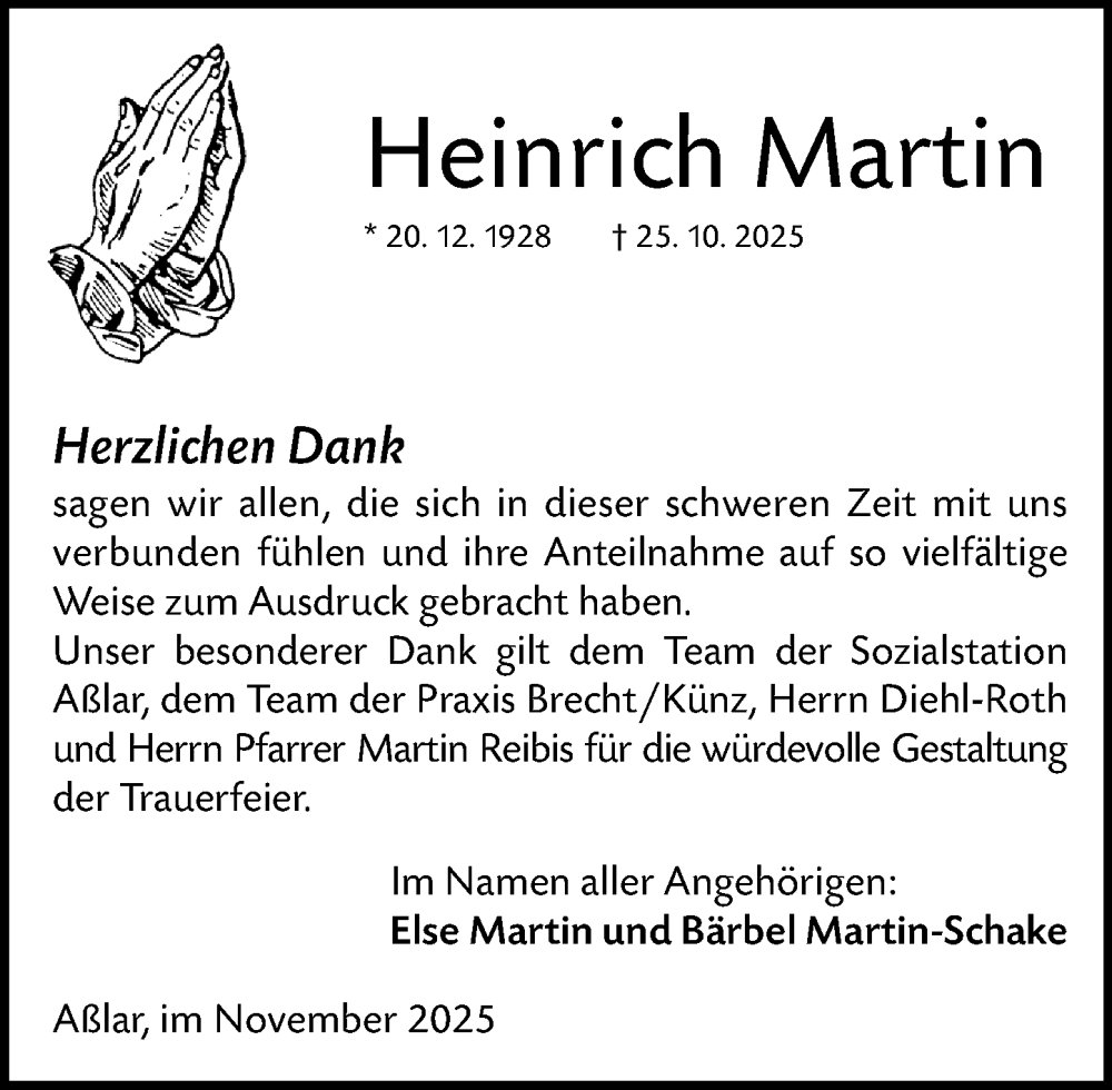  Traueranzeige für Heinrich Martin vom 22.11.2025 aus Wetzlarer Neue Zeitung