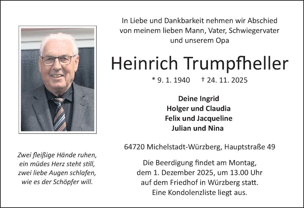  Traueranzeige für Heinrich Trumpfheller vom 29.11.2025 aus Odenwälder Echo