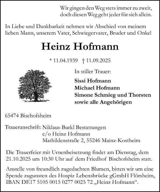 Traueranzeige von Heinz Hofmann von Allgemeine Zeitung Mainz