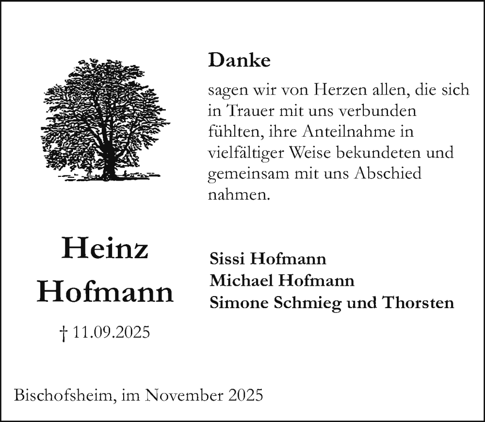  Traueranzeige für Heinz Hofmann vom 08.11.2025 aus Allgemeine Zeitung Mainz