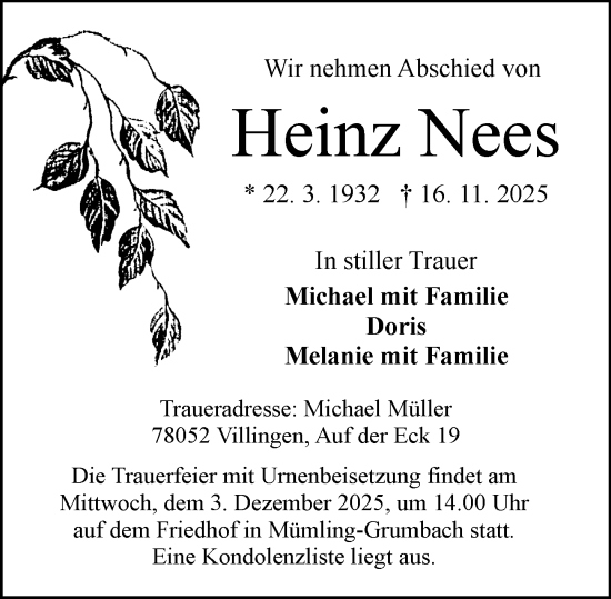 Traueranzeige von Heinz Nees von Odenwälder Echo