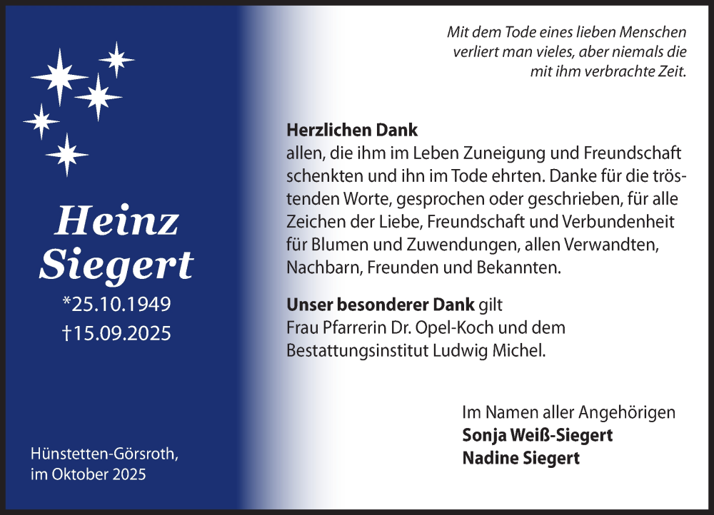  Traueranzeige für Heinz Siegert vom 11.10.2025 aus Idsteiner Land/Untertaunus