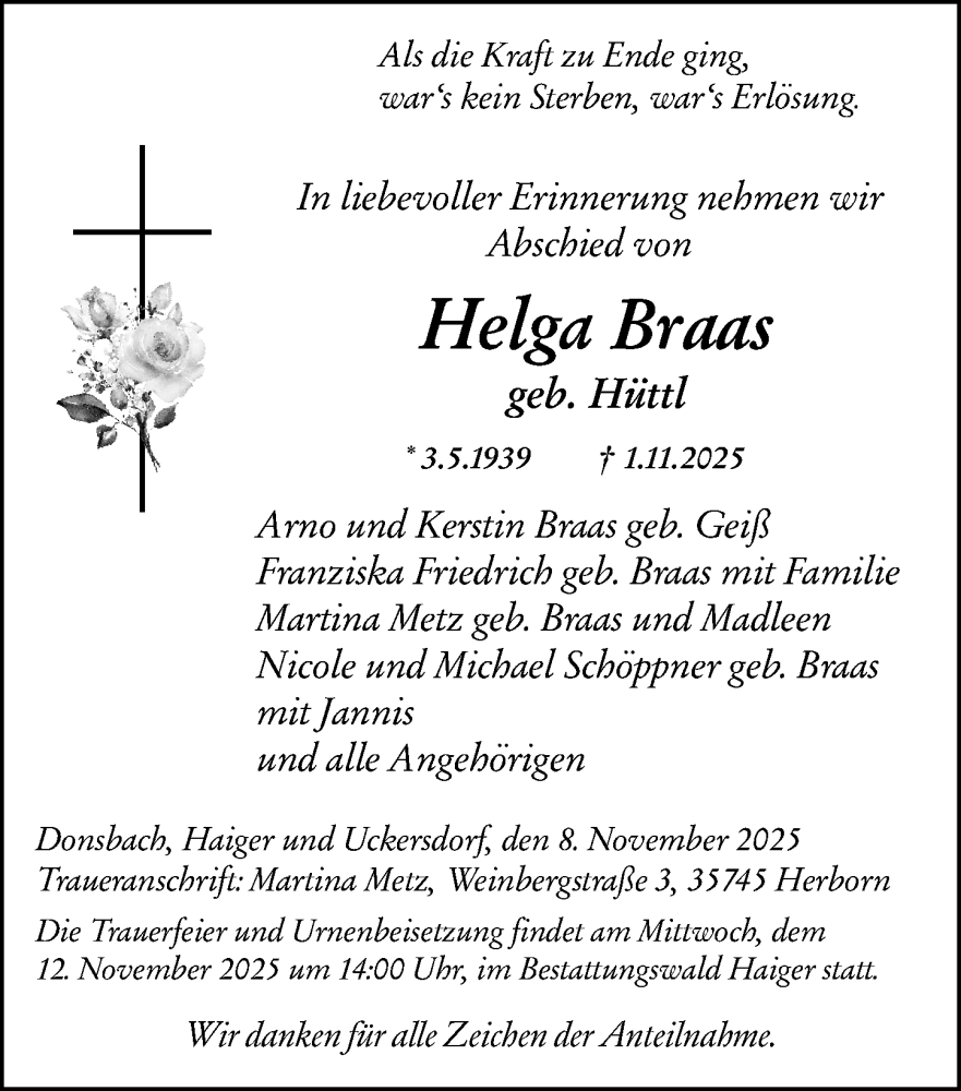  Traueranzeige für Helga Braas vom 08.11.2025 aus Dill Block