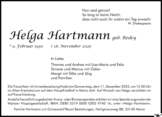 Traueranzeige von Helga Hartmann von Allgemeine Zeitung Mainz