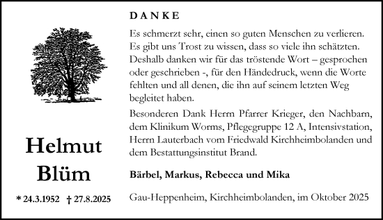 Traueranzeige von Helmut Blüm von Allgemeine Zeitung Alzey