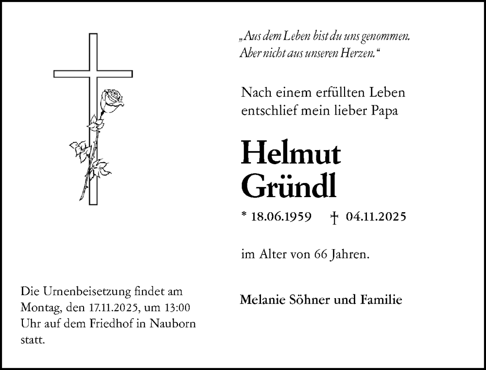  Traueranzeige für Helmut Gründl vom 10.11.2025 aus Wetzlarer Neue Zeitung
