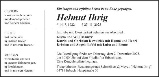 Traueranzeige von Helmut Ihrig von Odenwälder Echo