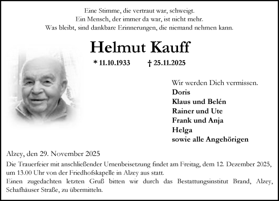 Traueranzeige von Helmut Kauff von Allgemeine Zeitung Alzey